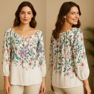 Cato 22/24W Floral Boho Peasant Blouse Plus White Rayon Top Boutique Cottage
